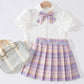 Girls Pleated Skirt Suit Big Children Elementary School Students Summer Puff Sleeve Jk Uniform Skirt Children's College Style Skirt Summer Dress