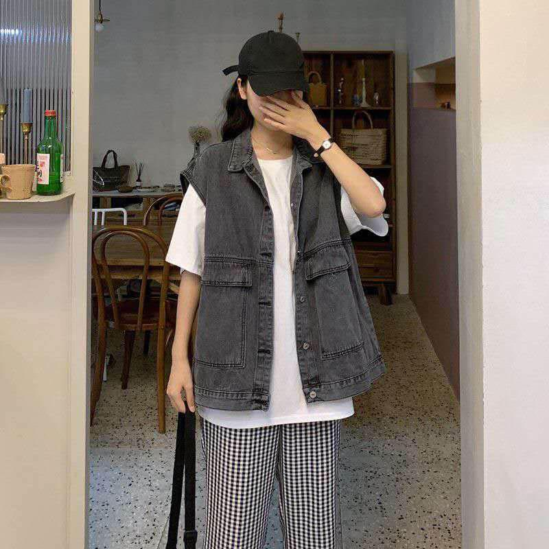 Denim Jacket Female Loose Student Spring and Autumn Style Tooling Waistcoat Denim Vest