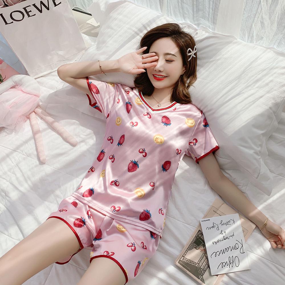 Silk pajamas summer two-piece set long-sleeved female sweet home clothes cute fruit pajamas female