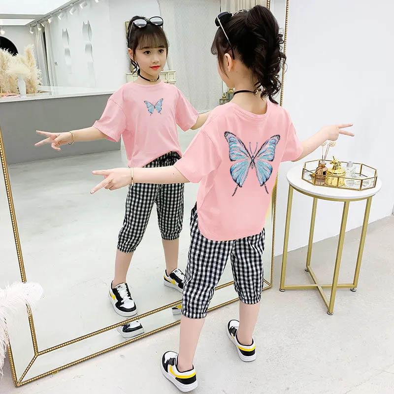 Girls T-Shirt + Plaid Pants Cotton Suit Summer Breathable Cropped Pants Casual Children's Comfortable Butterfly Print Two-piece Set