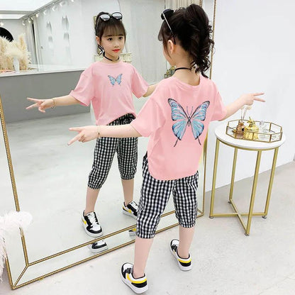 Girls T-Shirt + Plaid Pants Cotton Suit Summer Breathable Cropped Pants Casual Children's Comfortable Butterfly Print Two-piece Set