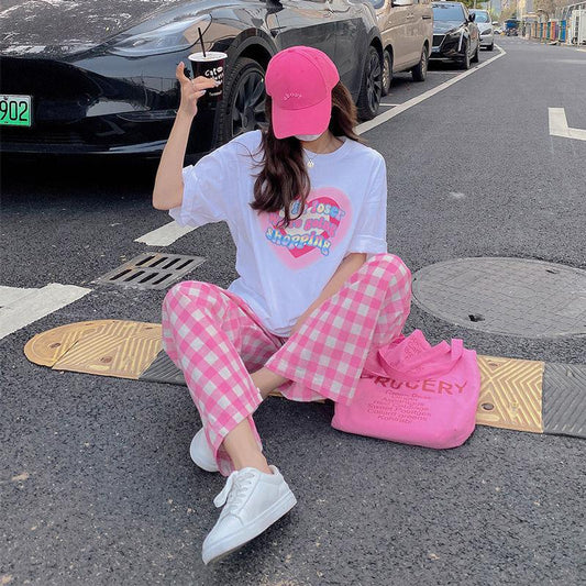 2PCS Summer Korean Version Suit Student Loose Short-sleeved T-shirt Top + Plaid Wide-leg Pants Two-piece Suit Ladies Casual Suit Fitness Sets