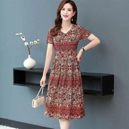 Short-sleeved Dress Retro Floral Women's Mid-length Cover The Belly To Show Thin Temperament Lady's Skirt