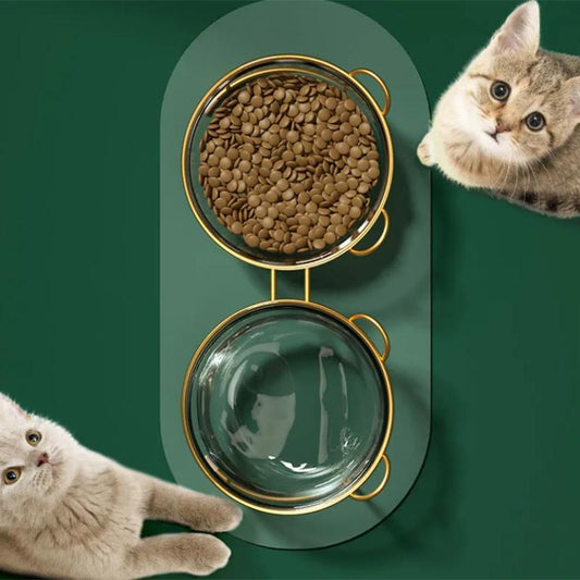 Cat Bowl Glass Feeder Bowl Cat Food Bowl with Stand Dog Cat Double Feeder Bowl Watering Bowl Protect Cervical Spine Water Fountains Feeding Dispenser