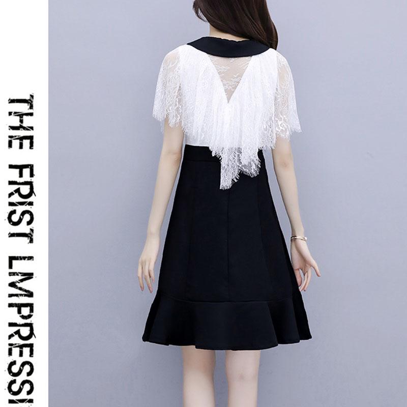 Women's Dress Large Size Summer Slim Lace Stitching Dress A-word Pleated Dress Elegant Party Dress