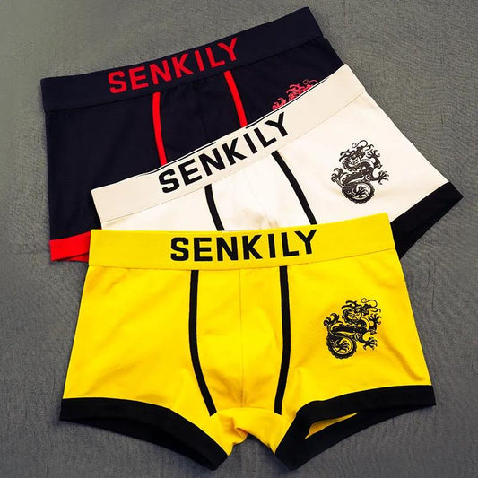 3 Packs of Men's Underwear, Pure Cotton Boxer Shorts, Student Pants, Solid Color Dragon Pattern, Chinese Style Individual Boxer Shorts