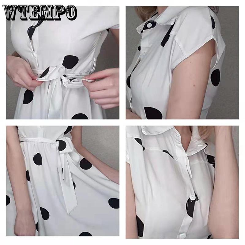 Summer Women Big Dot Printing Shirt Dress OL Style Knee-length A-line Dress with Belt Plus Size S-3XL