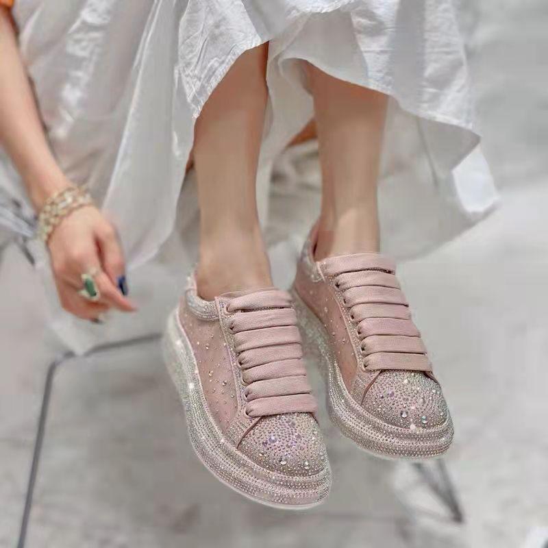 Women's Summer Platform Shoes Thick Bottom Full Diamond Fashion All-match Sneakers Sports Casual Shoes Shining Rhinestone Small White Shoes