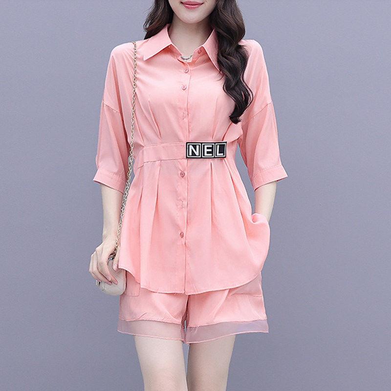 Thin Suit Women Summer Two-piece Shirt Mid-length Women's Wide-leg Pants Shorts Casual Suit Sweet Cute Sexy and Elegant