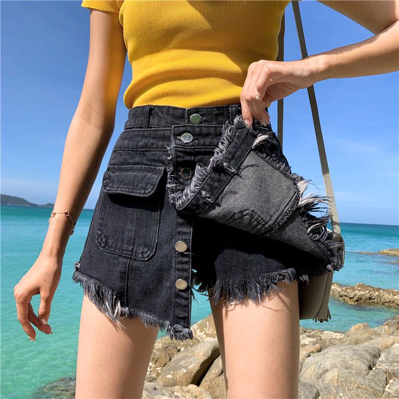 WTEMPO Oversized Denim Shorts Female High-waisted Edging Students Fake Two-piece Wide-leg Pants Women