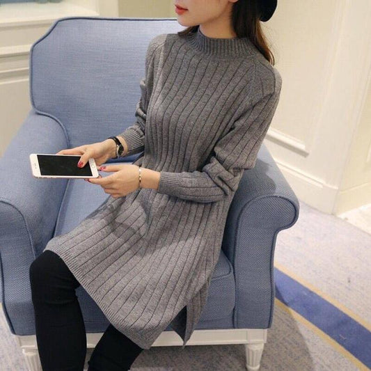 Women Round Collar Warm Pullover Sweater Dress Stripe Knitted Bottoming Shirt Knit Dress