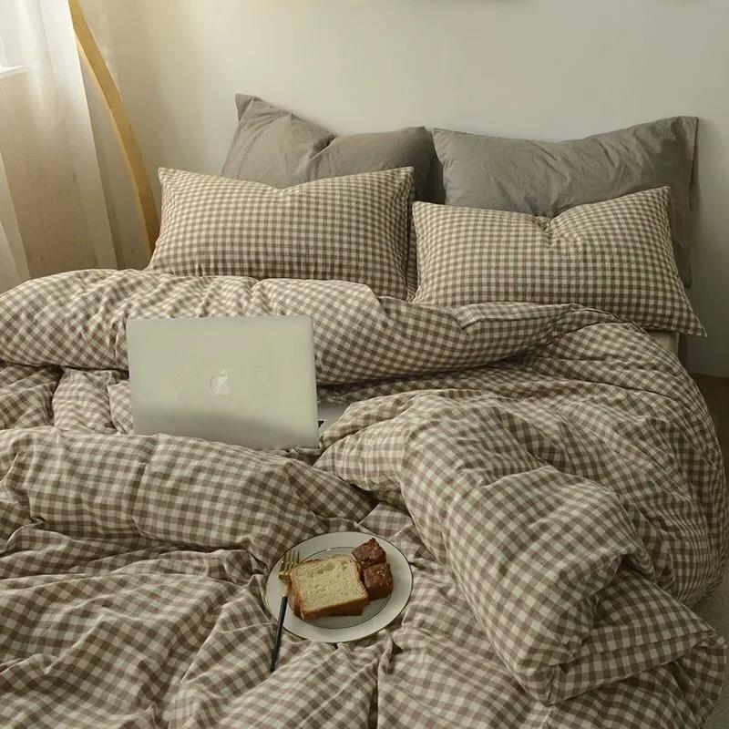 Simple Lattice Quilt Cover Four-piece Student Dormitory Solid Color Quilt Cover Sheet Three-piece Bedding