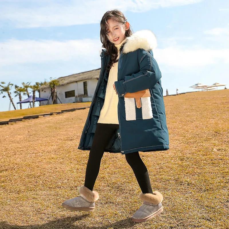 Warm and Windproof Children's Cotton Clothing Winter Girls Over The Knee Cotton Coat Mid-length