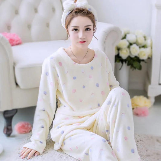 Women's Long-sleeved Flannel Pajamas Set Spring Autumn Cartoon Sleepwear Thickened Warm Printing Plush Cute Sleeping Suit Set