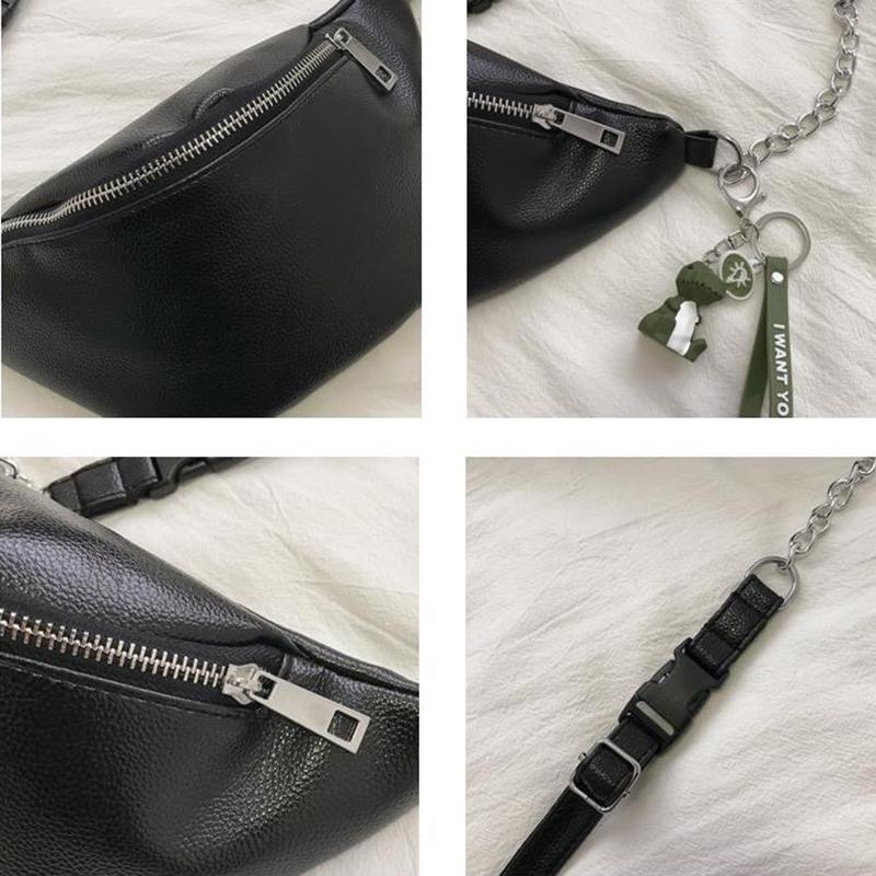 Unisex Casual Sling Bag Waist Packs Shoulder Crossbody Bags Zipper Chain Black PU Leather Bag