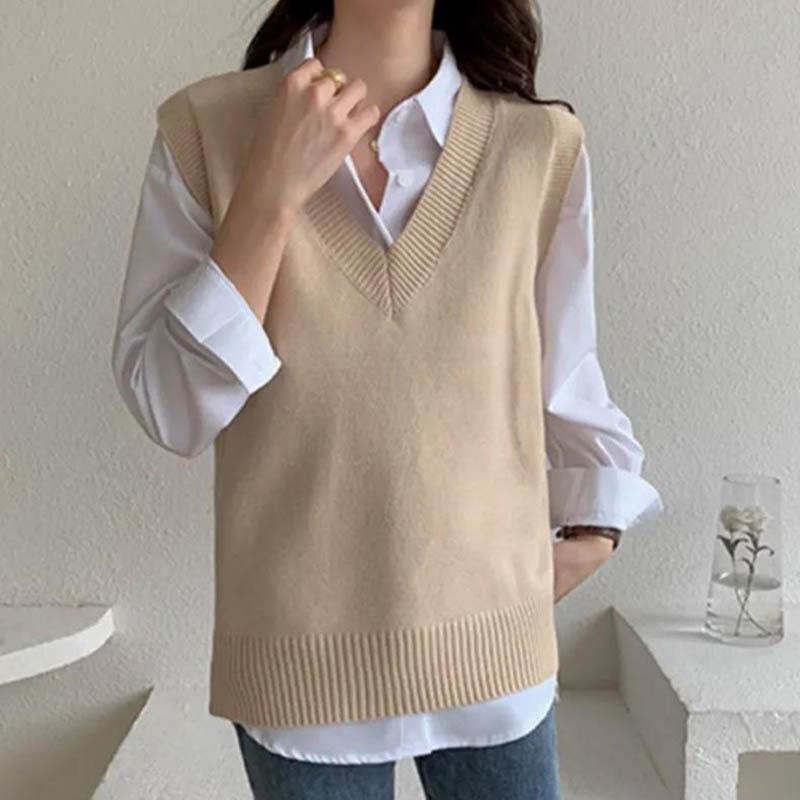 Women Tank Top Knitted Vest Sweater Pullover Autumn Winter Female Loose V-neck Knitted Women Sleeveless Sweater Casual Warm Vest