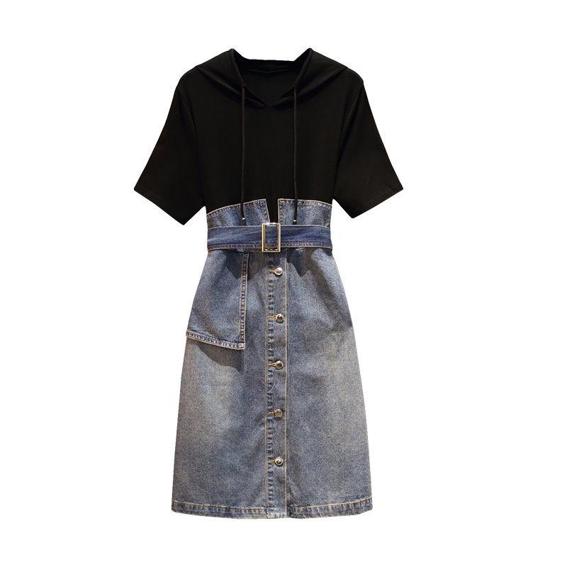 Plus Size Dress Summer Women Denim Stitching Dress Midi Short-sleeve Hooded Dress with Belt