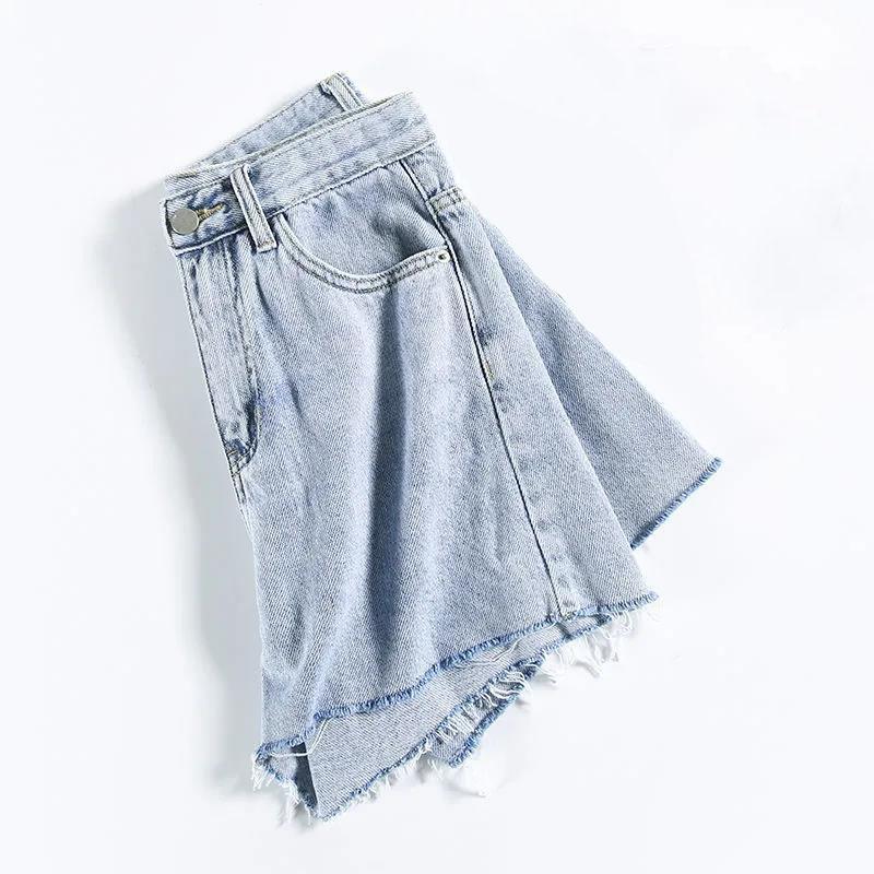 Women Light Blue Chic Pockets Frayed Hem Ripped Denim Shorts Vintage High Waist Zipper Female Short Jeans