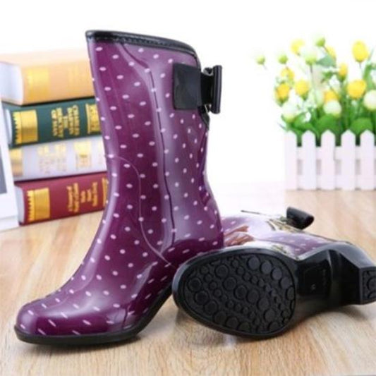 Female Dots Mid-length Medium Chunky Heel Rain Boots Women's Spring Summer Non-slip Rain Boots Waterproof PVC Rubber Rain Shoes