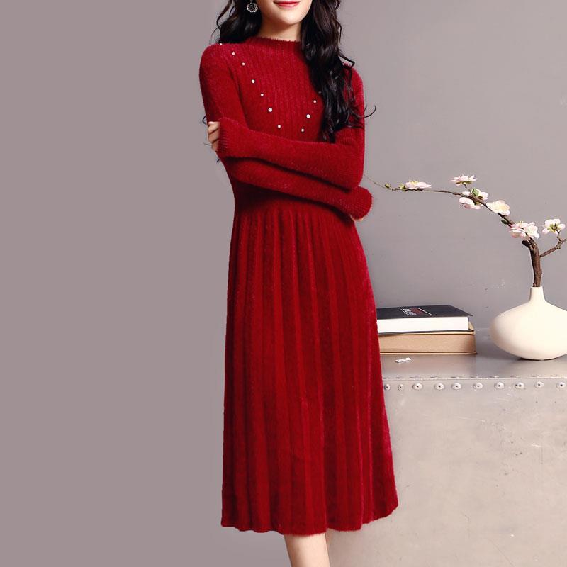 Autumn and Winter Long Thick Sweater Skirt Knitted Slim Mohair Dress Warm All-match Female Base Dress