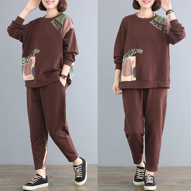 Loose Plus Size Sweater Two-piece Long-sleeved Pullover Shirt + Casual Pants Spring and Autumn Women's Casual Sports Suit Warm and Comfortable