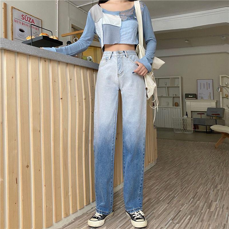 Autumn Design Sense Gradient High-waisted Jeans Women's Straight Loose Wide-leg Trousers Trend