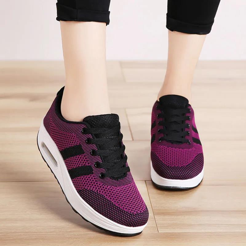 Women's Striped Single Shoes Soft Surface Heightening Shoes Breathable Mesh Versatile Sports Shoes Non Slip Casual Shoes