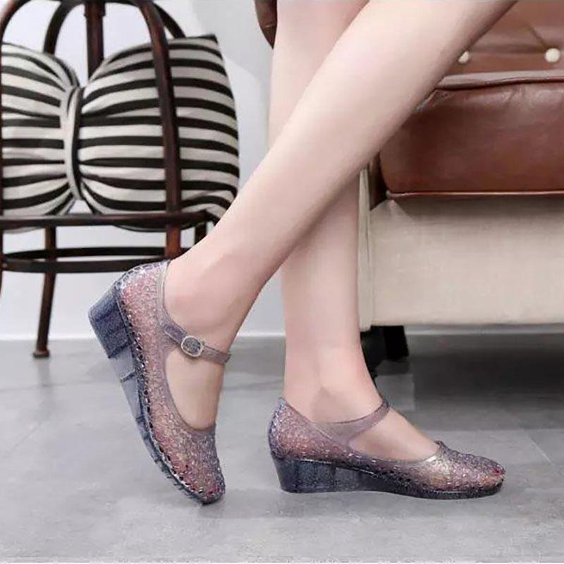 Crystal Sandals Women's Summer Transparent Beach Shoes Mid-heel Wedge with A Word Buckle Hollow Non-slip Hole Shoes