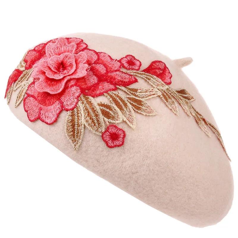 Retro Ethnic Floral 3D Embroidered Beret Hat Women's Spring Autumn Wool Blend Handmade Art Painter Beret Cap Elegant Flower Top Hat