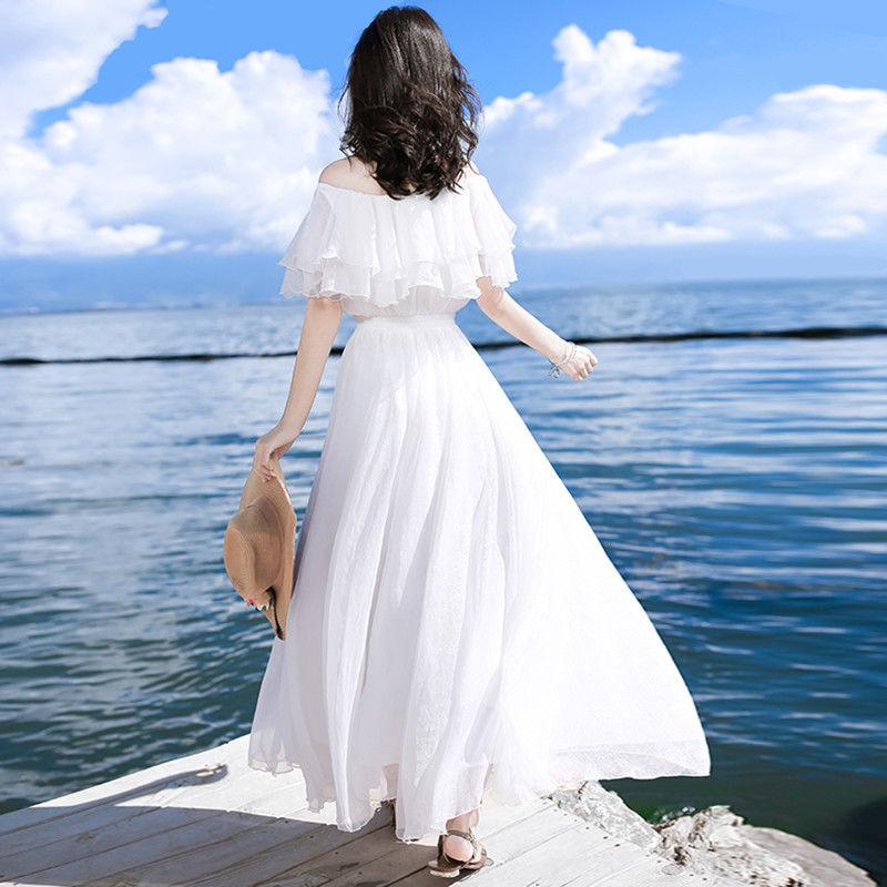 White Strapless Chiffon Dress Female One-line Collar High Waist Slimming Holiday Beach Skirt Plus Size Dress Off-shoulder One-line Skirt A-line Skirt