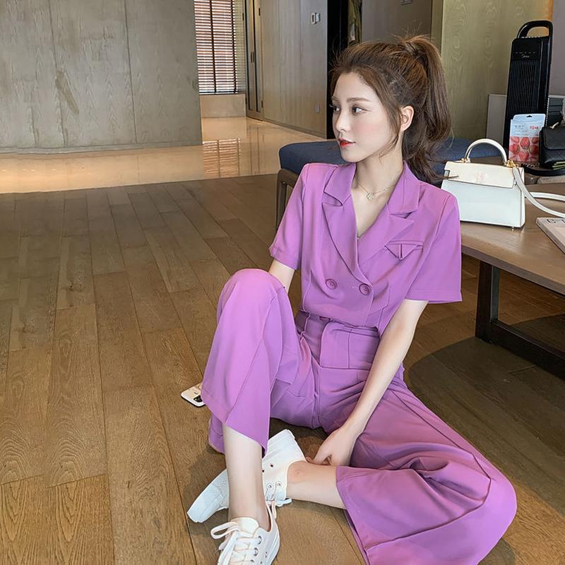 Summer Short Double-breasted Blouse with Wide Leg Trousers Suit Women's Casual Purple Two-piece Suit Women's Casual Suit Chiffon Fabric