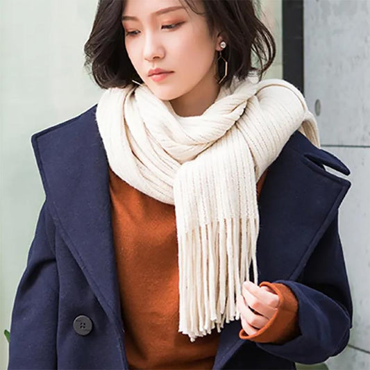 Scarf Women Winter Style Korean Wild Style Knitted Thick Warm Woolen Pure Color Fringed Bib Female