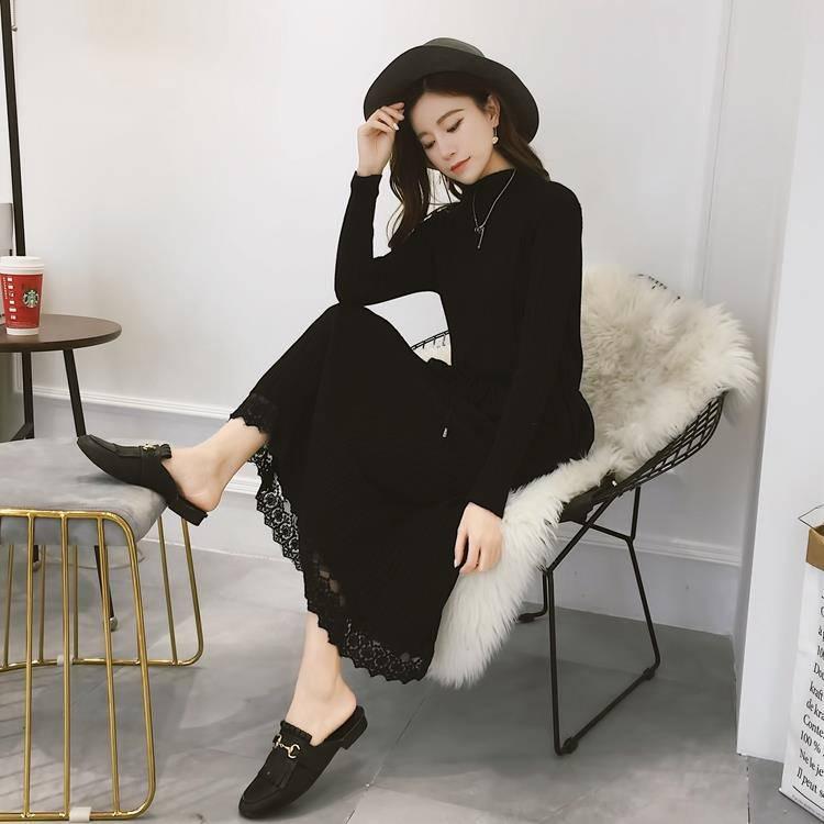 Women Dress Knitted Long Dress Lace Turtleneck Women Sweater Drawsting Robe Pleated Dresses