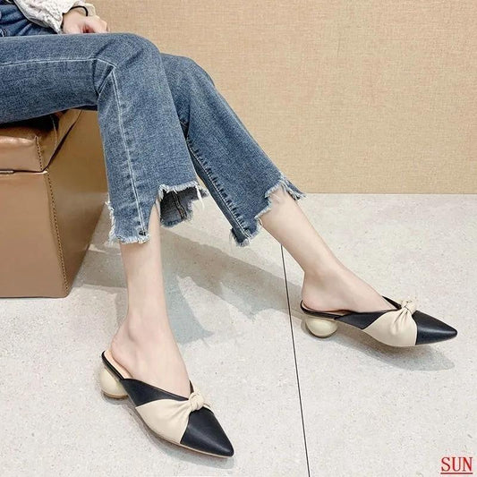 Slippers Women's Summer Thick with All-match Baotou Half-tow Medium with Pointed Fairy Wind Sandals for Outer Wear