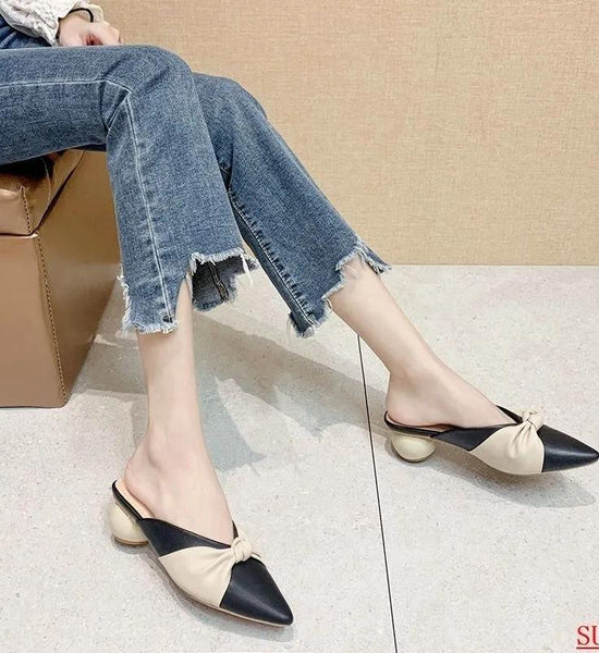 Slippers Women's Summer Thick with All-match Baotou Half-tow Medium with Pointed Fairy Wind Sandals for Outer Wear