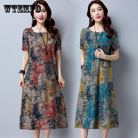 Women Summer Dress Loose Plus Size Casual Dress Vintage Print Beach Sundress Dresses Vestidos