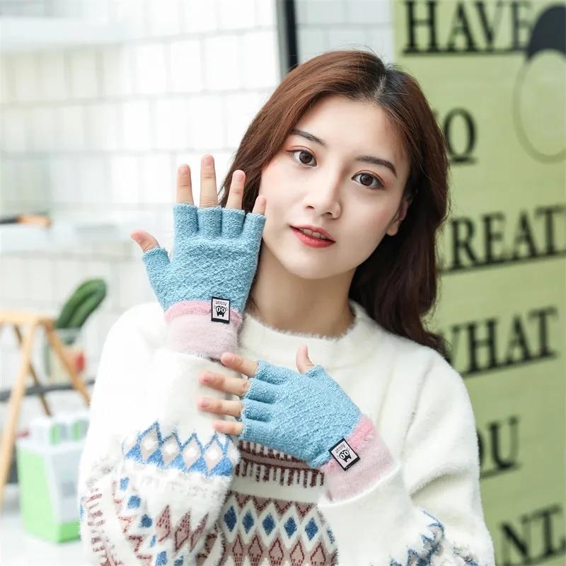 Women's Half-finger Gloves Thick Warm Five-finger Mittens Winter Korean Style Knitting Gloves Soft Thermal Gloves Crochet Hand Wrist Warmer