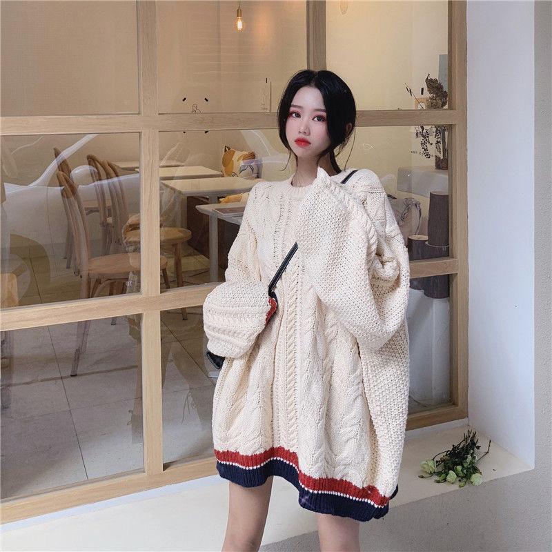 Color Matching Twist Long-sleeved Thick Sweater Coat  Female Students Loose Autumn  Winter Casual Sweater