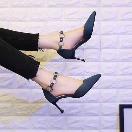 Spring Korean Version of All-match High Heels Pointed Toe Stiletto High Heels Women's Buckle High Heels Shoes Mid-heel