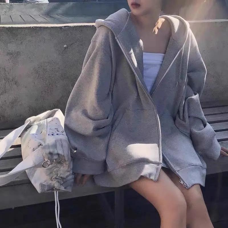 Women's Solid Color Cardigan Korean Version Loose Hooded Sweater Plus Velvet Casual Zipper Coat Autumn and Spring Loose Coat