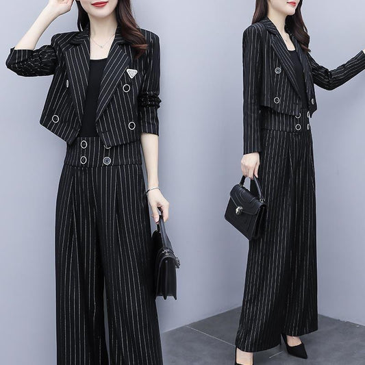 Casual Suit Female Ladies Temperament Suit Striped Short Jacket + Wide-leg Pants Two-piece Suit Is Thin and Tall. Ladies Work Suit Is Elegant