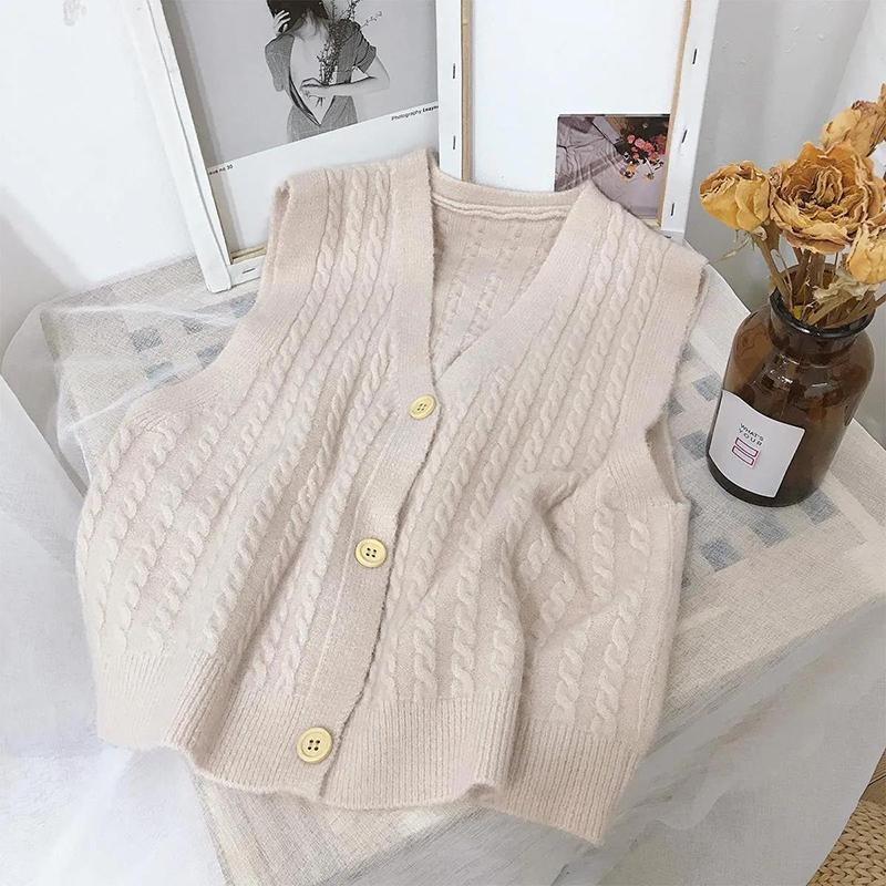 Pure Color V-neck Single-breasted Knitted Cardigan Wild Vest Women Retro Style Outer Vest Vest Thin Sleeveless Sweet Sweater