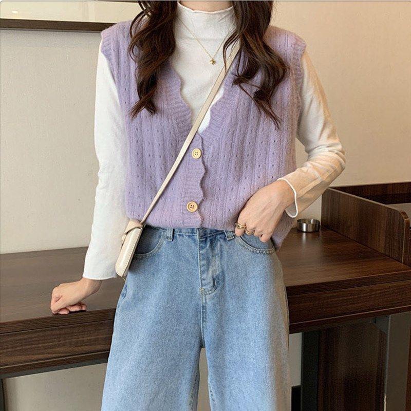 Hollow Knit Sweater Vest Vest Women Lazy Loose Short Sweater Waistcoat Outer Wear All-match Cardigan Vest Sweet Style