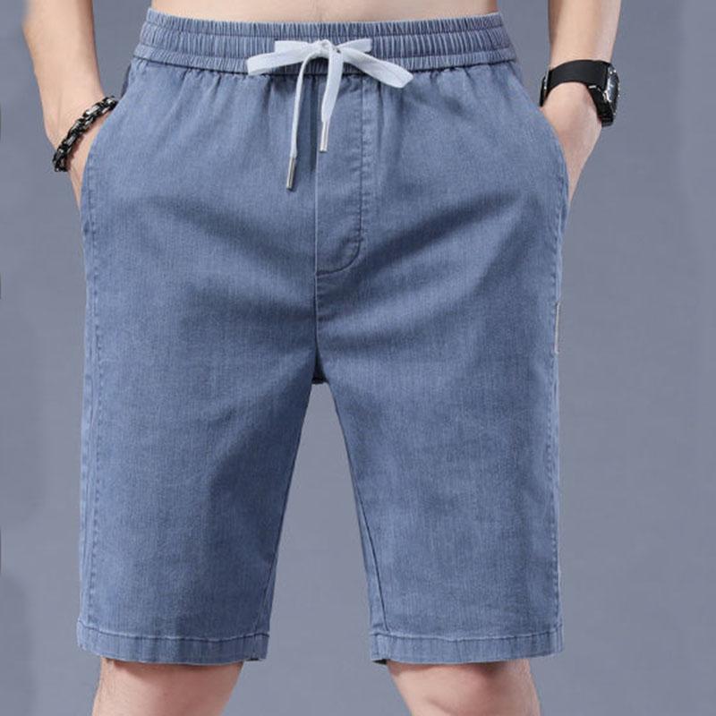 Ice Silk Denim Shorts Men's Summer Thin Workwear Casual Pants Straight Loose Men's Five-point Pants Modified Legs Low Waist Elastic Tie Shorts