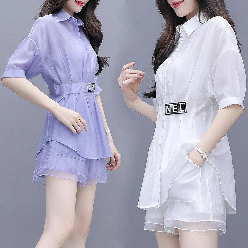 Thin Suit Women Summer Two-piece Shirt Mid-length Women's Wide-leg Pants Shorts Casual Suit Sweet Cute Sexy and Elegant