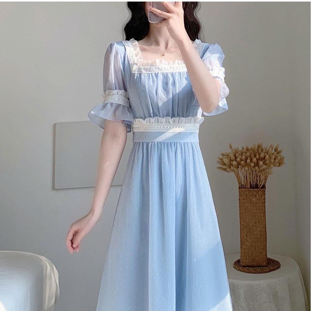 Women Summer Vintage High Waist Super Fairy Holiday Dress Short Sleeve Elegant Slim Lace Pleated Party Dress