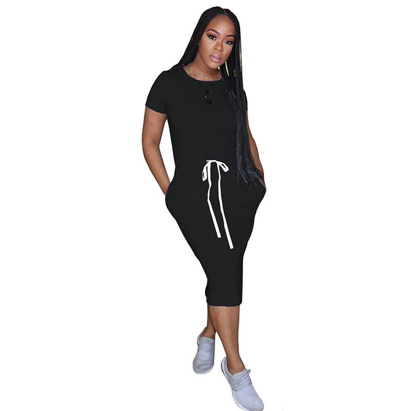 Women Casual Dress Summer Short Sleeves Sports Solid T-Shirt Comfortable Calf-length Dresses