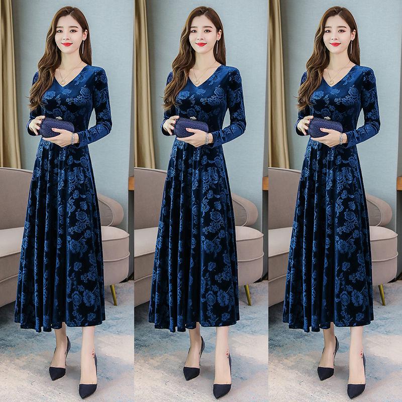 Autumn Winter Large Size Women Gold Velvet Dress Long Sleeve Round Neck Dress Slim Long Dresses