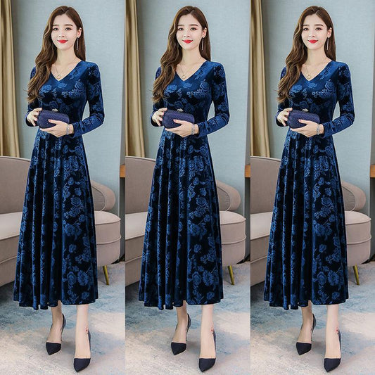 Autumn Winter Large Size Women Gold Velvet Dress Long Sleeve Round Neck Dress Slim Long Dresses