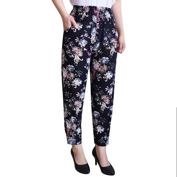 Women Summer High Waist Wide Leg Floral Printed Casual Pants Female Big Size Loose Elastic Waist Simple Thin Cropped Pants